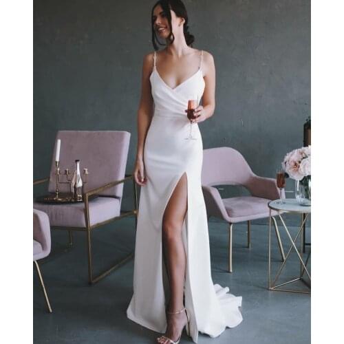 Elegant Long Satin V-Neck Wedding Dresses with Slit Mermaid Corset Back White Robes De Mariée Bridal Gown For Women