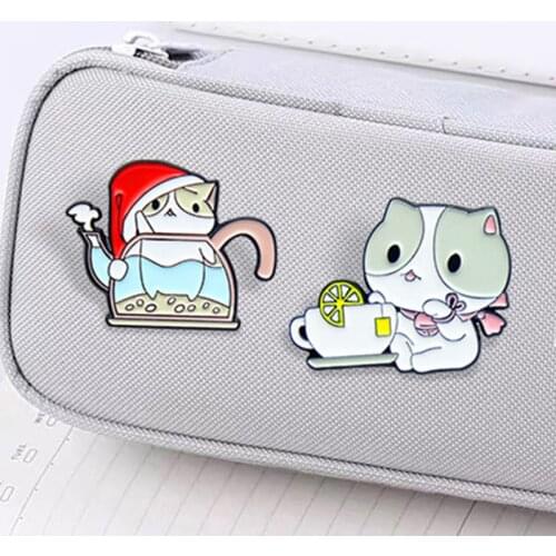 Cat sisters Enamel Brooch lemon teacup kettle Christmas hat Cartoon animal Lapel Pin Bag denim Custom Badge Gifts for friends