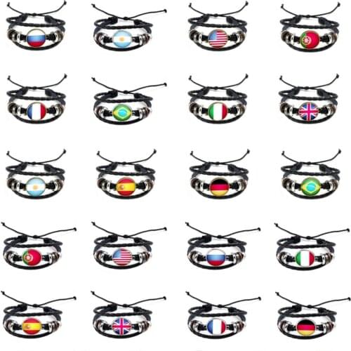 World European Cup football Flags Charm Bangles Leather Braided Rope Beads Brazil mexico Russia spain france soccer fans gift