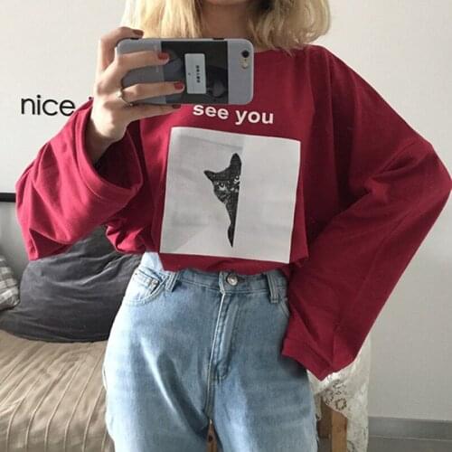 T-shirt Women Long Sleeve Students Printed Tee Womens Loose Korean Style Harajuku Top Clothes O-Neck Leisure Female Clothing