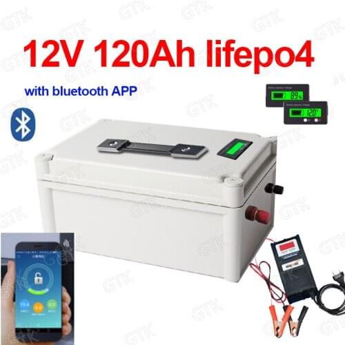 GTK 12.8v 120AH lifepo4 battery with bluetooth BMS APP 12V 120Ah for caravan RV boat go cart inverter 1000w + 10A charger