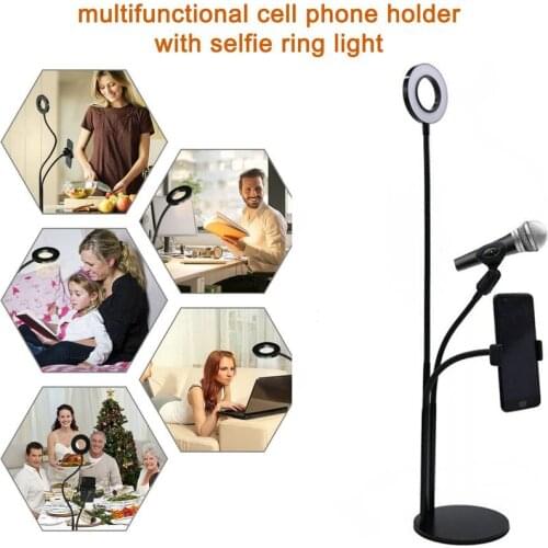 3 in 1 Food Merchandise Shooting Selfie Ring Fill Light w/Phone Clip & Mic Holder Stand Makeup Live Stream Lighting Black/White