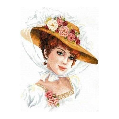 Beautiful Woman in Elegant Hat Sewing Top Quality Embroidery Needlework 14CT Unprinted Art Cross Stitch Kits DIY Handmade Decor