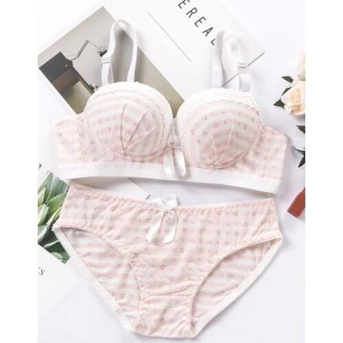 Lace Stitching Bow Printed Cotton 3/4 Cup Bra Without Steel Ring Gathered Bra + Briefs Set