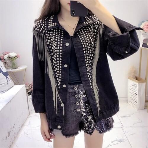 Heavy Work Rivet Chain Tassel Black Denim Jacket Women Loose Oversize Coat Casual Long Sleeve Spring Female Streetwear Outerwear