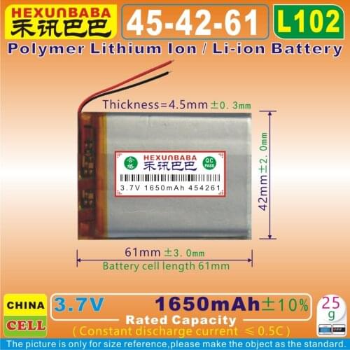 [L102] 3.7V 1650mAh [454261] PLIB;polymer lithium ion / Li-ion battery for dvr;cell phone,mp3,mp4,toy,speaker;mp5,GPS