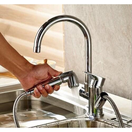 Two outlet brass pull out kitchen faucet mixer with spray gun