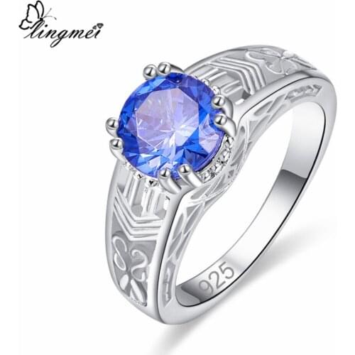 Lingmei New Hot Sell Round Mysterious & Blue White CZ Silver Color Ring Size 6 7 8 9 Anniversary Party Women Jewelry Chic Gift