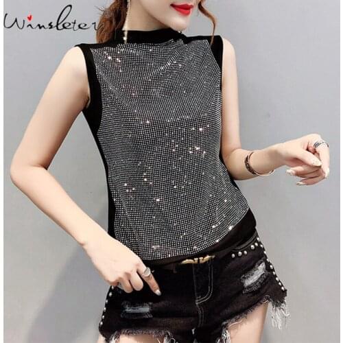 Spring Summer 2020 Shiny Vest Tank Tops Women Full Diamonds Front Mock Neck Slim Fashion T shirt Female Black T02414B