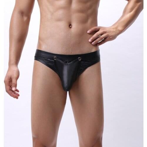 Mens Panties Open Crotch Buttons Sexy Thong G-string Exotic PU Leather Gay T-back Tanga Calzoncillos Hombre Sexi Male Underwear