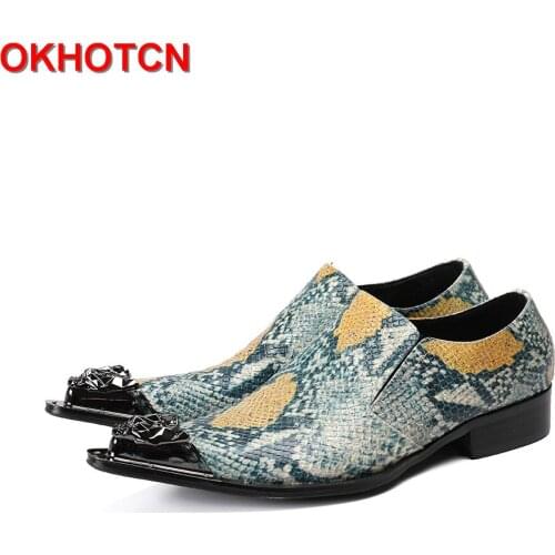 Snake Grain Print Genuine Leather Men Shoes Metal Pointed Toe Wedding Party Oxfords Flats Shoe Men Fashion Business Dress Shoes