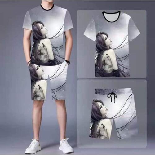 Beautiful picture print mens short-sleeved casual suit couple beach casual wear summer short-sleeved shorts 2-piece set