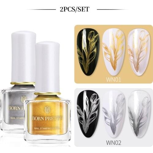 BORN PRETTY 2PCS Nail Polish Set Gold Sliver Black Stamping Polish Kit For Stamping Plate DIY Nail Art Image Printing Varnish
