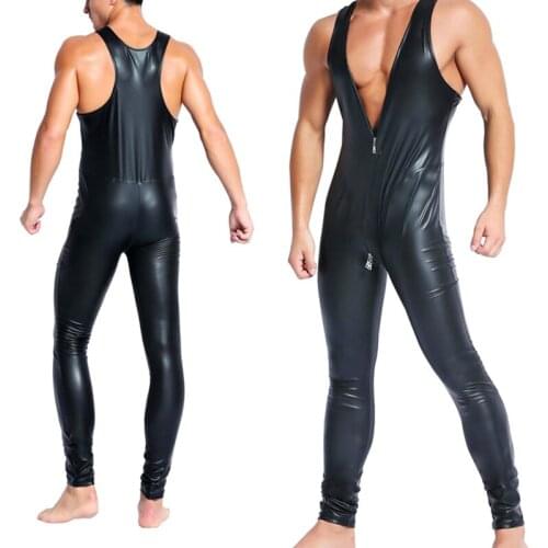 Lingerie Mens Bodysuits PU Leather Jumpsuits Erotic Zipper Crotchless Bodystocking Plus Size Gay Singlets Latex Catsuits 2XL