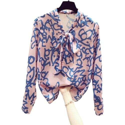 2021 Spring New Vintage Bow Lace-up Shirt Womans Printed Design All-Match Office Wear Long Sleeve Blouse Blusas Femme