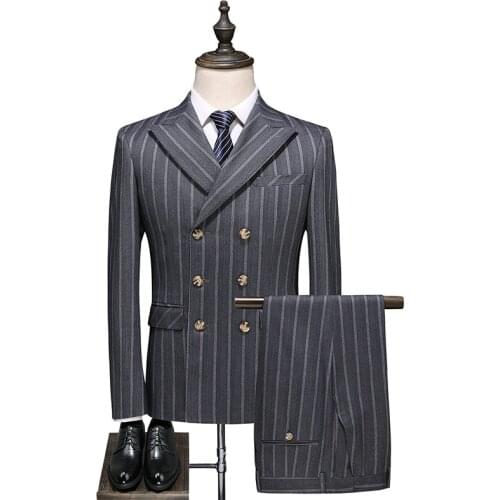 Gray New High Quality Gentleman Mens Striped Double-Breasted Suit Three-Piece Wedding Party Mens Elegant Luxury Suit