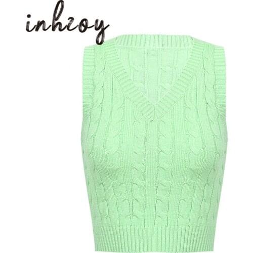 Autumn Sleeveless V Neck Sweater Vest Women E-Girl Casual Y2k Preppy Style Solid Color Knitted Cropped Tops Waistcoat Pullover