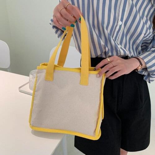 Simple Canvas Lunch Bag Women Small Tote Hit Color Children School Lunch Box Bag Picnic Food Storage Pouch Girls Little Handbag