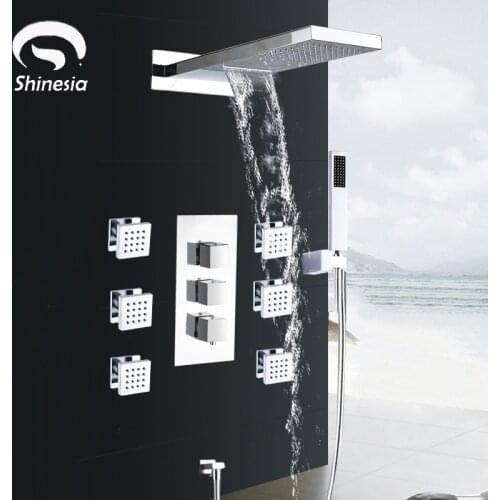 Newly Thermostatic Bathroom Shower Faucet Set Stainless Steel Brushed Shower Head W/ Massage Spray Jets ABS Handheld Shower