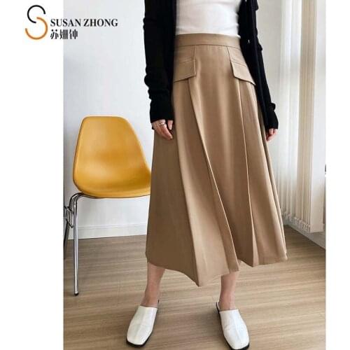 Women Autumn Skirt Fall A-Line High Waist Calf Length Romantic Elegant Pockets Pleats Korean Fashion Khaki Long Cozy Back Zipper