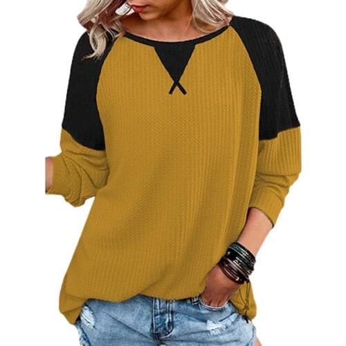 2021 Autumn Solid Patchwork Long Sleeve T Shirts Womens Casual Loose O Neck Fashion Shirts Tops Vintage Oversize Pullover Mujer