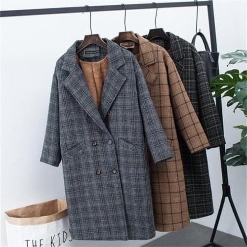 Women Plaid Blazers Ladies winter New Plus velvet thick woolen coat female long section loose large size plaid woolen coat women