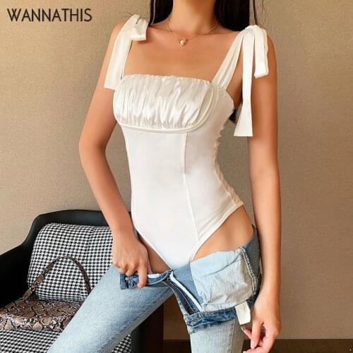 WannaThis Lace up Sleeveless Front Ruched Bodysuit Women Sexy Backless Patchwork Bodycon Skinny Elastic Sexy Summer New Bodysuit