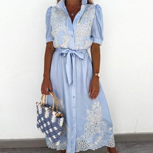 Women dress blue Lace Embroidery Patchwork Pleated Dress Elegant Puff Sleeve Summer Long Dresses Fashion Lady Hollow Out Dress