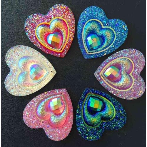 New 10pcs 30mm AB Resin Ore heart Peacock eye flatback rhinestone 2 hole buttons Wedding Embellishment diy appliques SD74
