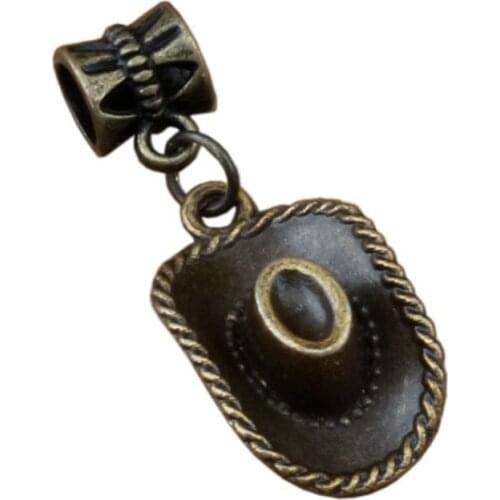 100pcs/lot Dangle Antique Bronze Cowboy hat Charm Big Hole Beads Fit European Charm Bracelet Jewelry 13.5x33mm A-304a
