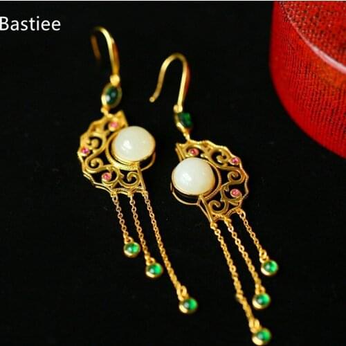 Bastiee Silver 925 Jewelry 925 Sterling Silver Earrings Dangle Earrings Vintage Korean Earrings Golden Plated Jade Silver