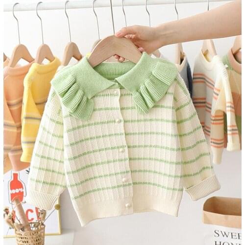 Children Daily Outfits, Stripes Ruffle Lapel Long-Sleeves Single-Breasted Sweater Cardigan for Kids Girls, 1-5 Years
