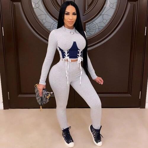 Lace Up Bandage Two Piece Set Women Matching Sets Long Sleeve Sporty 2 Piece Outfits for Women Crop Top Snd Pants Sweat Suits