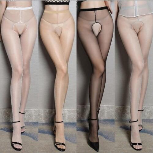 WA226 Summer Ultra-thin Black Gray White Oil Shiny Crotchless Tights Open Crotch Ultra Thin Transparent Women Sexy Pantyhose