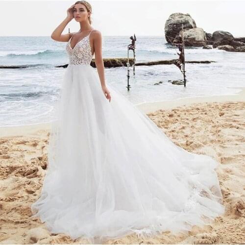 Summer Sexy Backless Wedding Dresses for Beach Weddings Floral Applique Bride Gowns 2021 Cross-Criss Princess Mariage