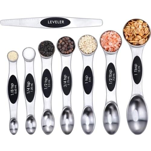 8PCS Magnetic Double Head Measuring Spoon for Dry and Liquid Ingredients Stainless Steel Measurement Teaspoon with Leveler Fits
