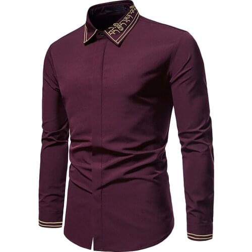 2021 New Hollow European Size Mens Trend Embroidered Asymmetric Long-sleeved Shirt Western Denim Shirt Slim Fit Social Dress