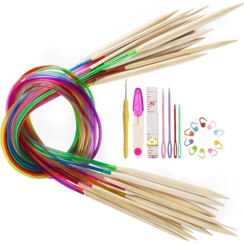 Nonvor 35Pcs/80cm 2-10mm Multicolor Soft Tube Carbonized Bamboo Circular Crochet Hooks Set Knitting Needles with 5 Kind