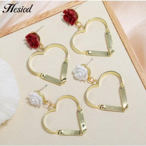 Hesiod New 1 Pairs Red And White Rose Metal Love Pendant Earrings Gold Plated Color Fashion Suitable For Girls Or Ladies Gifts