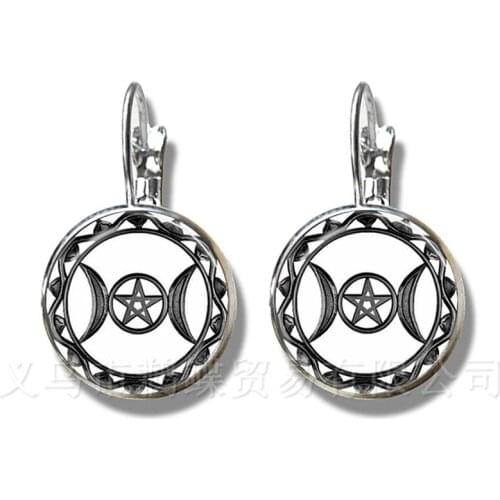 Triple Moon Goddess Stud Earrings Pentagram Witch Jewelry 16mm Glass Dome Wiccan Silver Plated Charm Wicca Jewelry For Women
