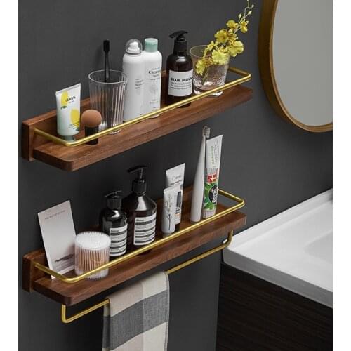 Bathroom Shelf Bath Shower Shelf Bath Storage Holder Towel Rack Square Brushed Gold Aluminum and Walnut Bathroom Accessories