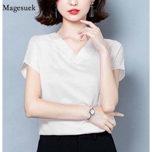 Solid Colors Bottoming Womans Shirts Silk Short Sleeve Blouse Woman Fashion Office Lady Style Korean Plus Size 4XL Blusas 10297