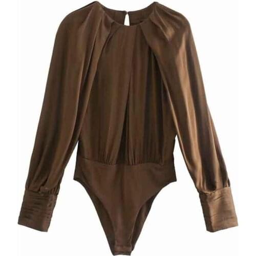 Spring and autumn womens jumpsuit sexy silk satin texture pleated long-sleeved slim sports suit casual jumpsuit