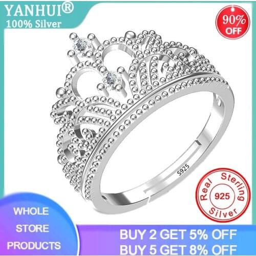 YANHUI 100% Real Solid 925 Silver Crown Ring Gift For Lovers Women Girls Wedding Engagement Jewelry Adjustable Size Open Ring