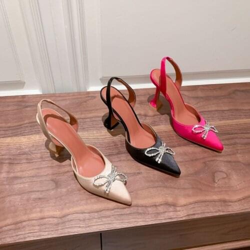 Pointed Toe Rhinestone Bow Hollowed Sandals Womens 2021 Summer New Closed Toe Wine Cup Heel Casual Elastic Band High Heels