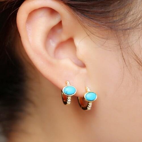 2021 Top Quality Gold Silver Color Tiny Cute Oval Blue Turquoises Gem Mini Charm Hoop Earrings For Womens Dainty Fashion Jewelry