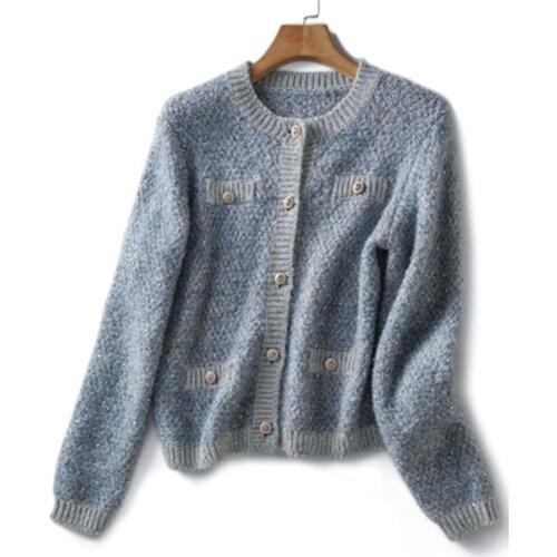 New Spring Autumn Womens Cashmere Coats Button Loose Casual High Quality Female Knitted Sweaters Sequined Lady Cardigans