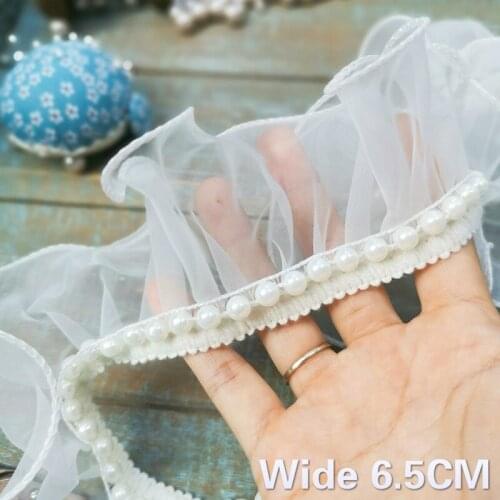 6.5CM Wide New White Organza Fabric 3D Flowers Ruffle Beaded Fringe Trim Lace Guipure Ribbon Wedding Dress DIY Sewing Supplies