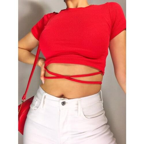 Women Beli İp Detailed Short Sleeve Crop Top Red Black White Camel