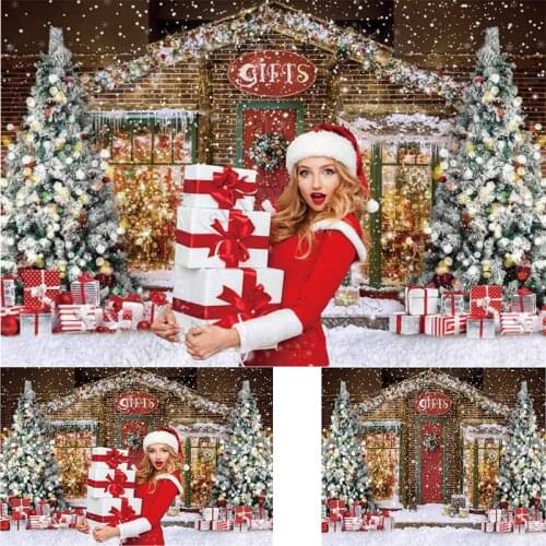 Winter Christmas Photography Backdrop Merry Xmas Storefront Cottage Background Gifts Shop Snow Baby Shower Kids Birthday Party